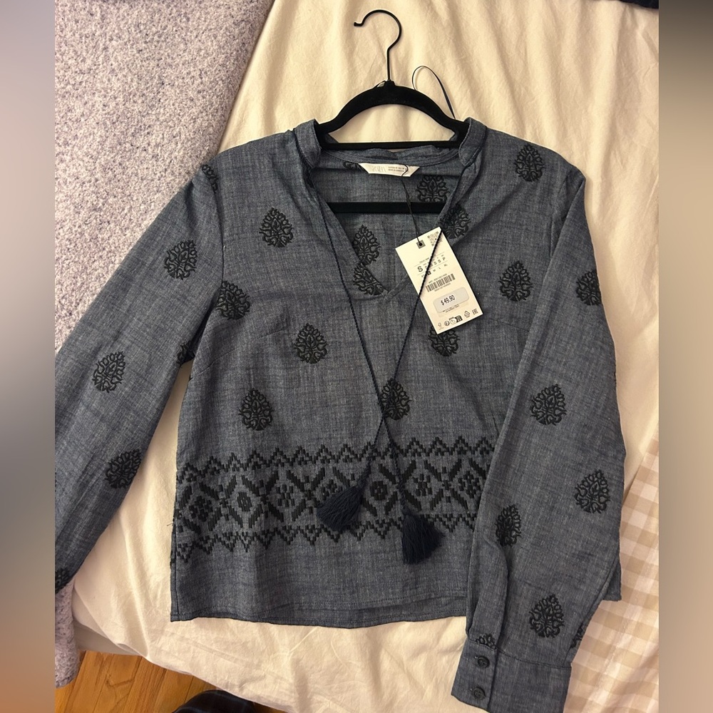 Zara Denim Blue Embroidered Blouse